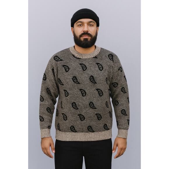 Vintage Mens 90s Fisherman Style Knit Printed Wool Sweater Gray Size Medium - Picture 1 of 5